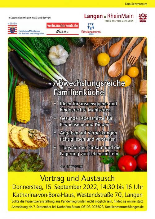 Plakat Vortrag Abwechslungsreiche Familienküche am 15. September 2022 im Familienzentrum Langen [(c): Stadt Langen]