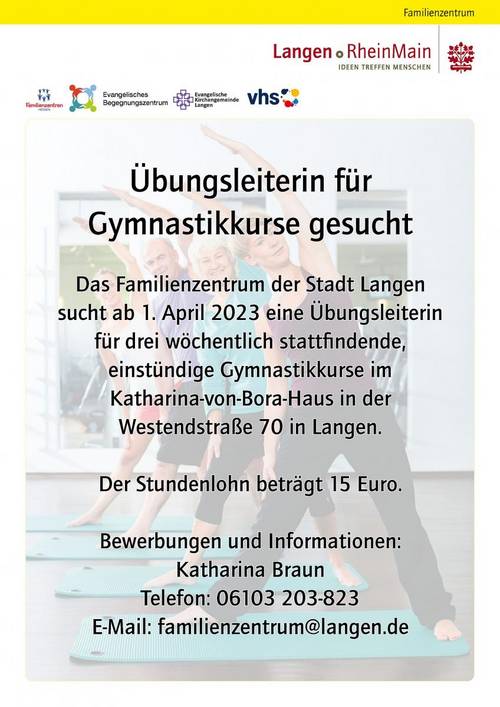 Plakat Gymnastik-Trainerin Familienzentrum gesucht [(c) Stadt Langen]